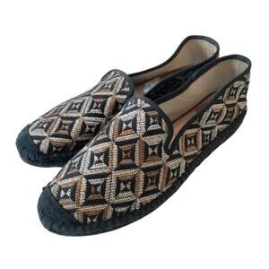 Kanna Sz 7 Woven Espadrille Loafer Black Diamond Pattern Slip On Flat Brown Tan
